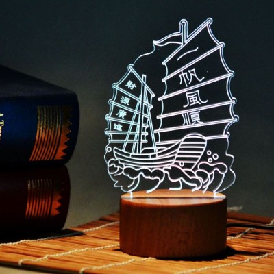 With Wooden Base Creative design sailboat home light mirror led cube 3d illusion night light